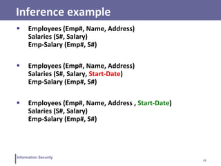 23
Information Security
Inference example
 Employees (Emp#, Name, Address)
Salaries (S#, Salary)
Emp-Salary (Emp#, S#)
 Employees (Emp#, Name, Address)
Salaries (S#, Salary, Start-Date)
Emp-Salary (Emp#, S#)
 Employees (Emp#, Name, Address , Start-Date)
Salaries (S#, Salary)
Emp-Salary (Emp#, S#)
 