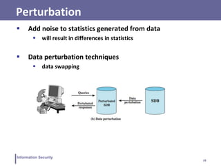 28
Information Security
Perturbation
 Add noise to statistics generated from data
 will result in differences in statistics
 Data perturbation techniques
 data swapping
 