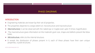PHASE DIAGRAMS
INTRODUCTION
 Engineering materials are known by their set of properties.
 The properties depends to a large extent on microstructure and macrostructure.
 Macrostructure, it can be observed with the naked eye or maybe even upto 15 times magnification.
 The macrostructure gives information on the material’s grain size, shape and defects present like blow
holes.
 Microstructure, refers to the internal structure.
 It reveals the distribution of phases present in it, each of these phases have their own unique
properties, crystal structures.
MTE/III SEMESTER/MSE/MTE 2101 1
 