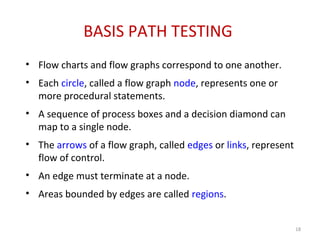 BASIS PATH TESTING
• Flow charts and flow graphs correspond to one another.
• Each circle, called a flow graph node, represents one or
more procedural statements.
• A sequence of process boxes and a decision diamond can
map to a single node.
• The arrows of a flow graph, called edges or links, represent
flow of control.
• An edge must terminate at a node.
• Areas bounded by edges are called regions.
18
 