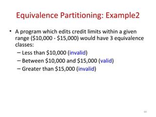 Equivalence Partitioning: Example2
• A program which edits credit limits within a given
range ($10,000 - $15,000) would have 3 equivalence
classes:
– Less than $10,000 (invalid)
– Between $10,000 and $15,000 (valid)
– Greater than $15,000 (invalid)
60
 