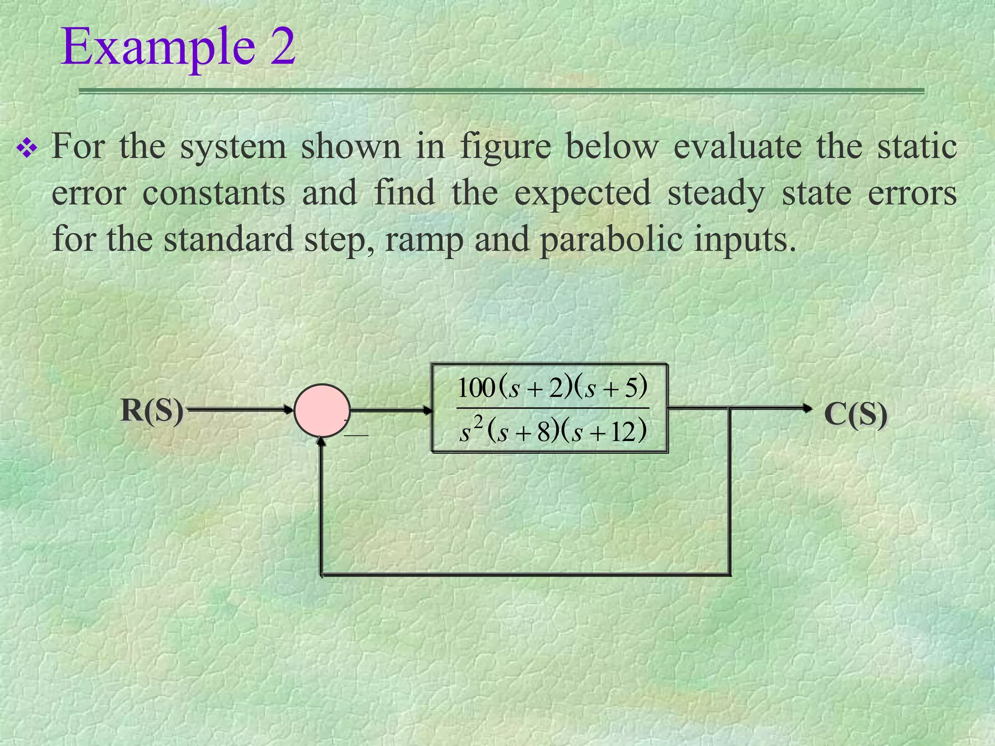 Example 2
 For the system shown in figure below evaluate the static
error constants and find the expected steady state errors
for the standard step, ramp and parabolic inputs.
C(S)
R(S) -
)
)(
(
)
)(
(
12
8
5
2
100
2




s
s
s
s
s
 