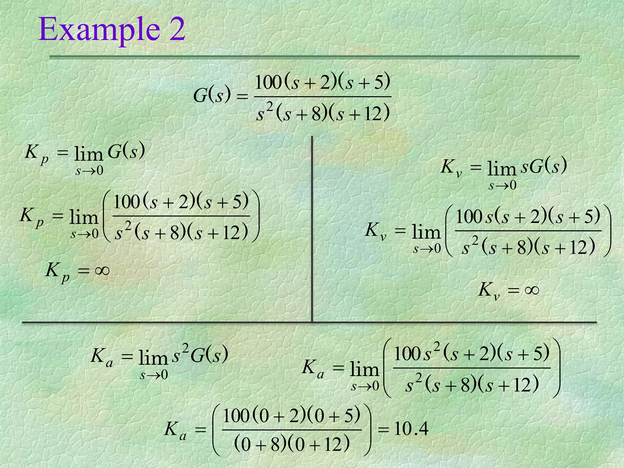 Example 2
)
)(
(
)
)(
(
)
(
12
8
5
2
100
2





s
s
s
s
s
s
G
)
(
lim s
G
K
s
p
0















 )
)(
(
)
)(
(
lim
12
8
5
2
100
2
0 s
s
s
s
s
K
s
p


p
K
)
(
lim s
sG
K
s
v
0















 )
)(
(
)
)(
(
lim
12
8
5
2
100
2
0 s
s
s
s
s
s
K
s
v


v
K
)
(
lim s
G
s
K
s
a
2
0















 )
)(
(
)
)(
(
lim
12
8
5
2
100
2
2
0 s
s
s
s
s
s
K
s
a
4
10
12
0
8
0
5
0
2
0
100
.
)
)(
(
)
)(
(














a
K
 