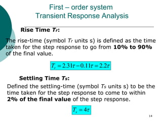 14
First – order system
Transient Response Analysis
Rise Time Tr:
The rise-time (symbol Tr units s) is defined as the time
taken for the step response to go from 10% to 90%
of the final value.
Settling Time Ts:
Defined the settling-time (symbol Ts units s) to be the
time taken for the step response to come to within
2% of the final value of the step response.


 2
.
2
11
.
0
31
.
2 


r
T

4

s
T
 