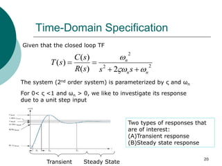 Time-Domain Specification
20
2
2
2
2
)
(
)
(
)
(
n
n
n
s
s
s
R
s
C
s
T







Given that the closed loop TF
The system (2nd order system) is parameterized by ς and ωn
For 0< ς <1 and ωn > 0, we like to investigate its response
due to a unit step input
Transient Steady State
Two types of responses that
are of interest:
(A)Transient response
(B)Steady state response
 