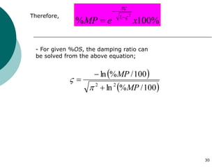 30
- For given %OS, the damping ratio can
be solved from the above equation;
Therefore,
%
100
%
2
1
x
e
MP 




 
 
100
/
%
ln
100
/
%
ln
2
2
MP
MP





 