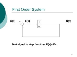 9
First Order System
s

1
R(s) C(s)
E(s)
Test signal is step function, R(s)=1/s
 