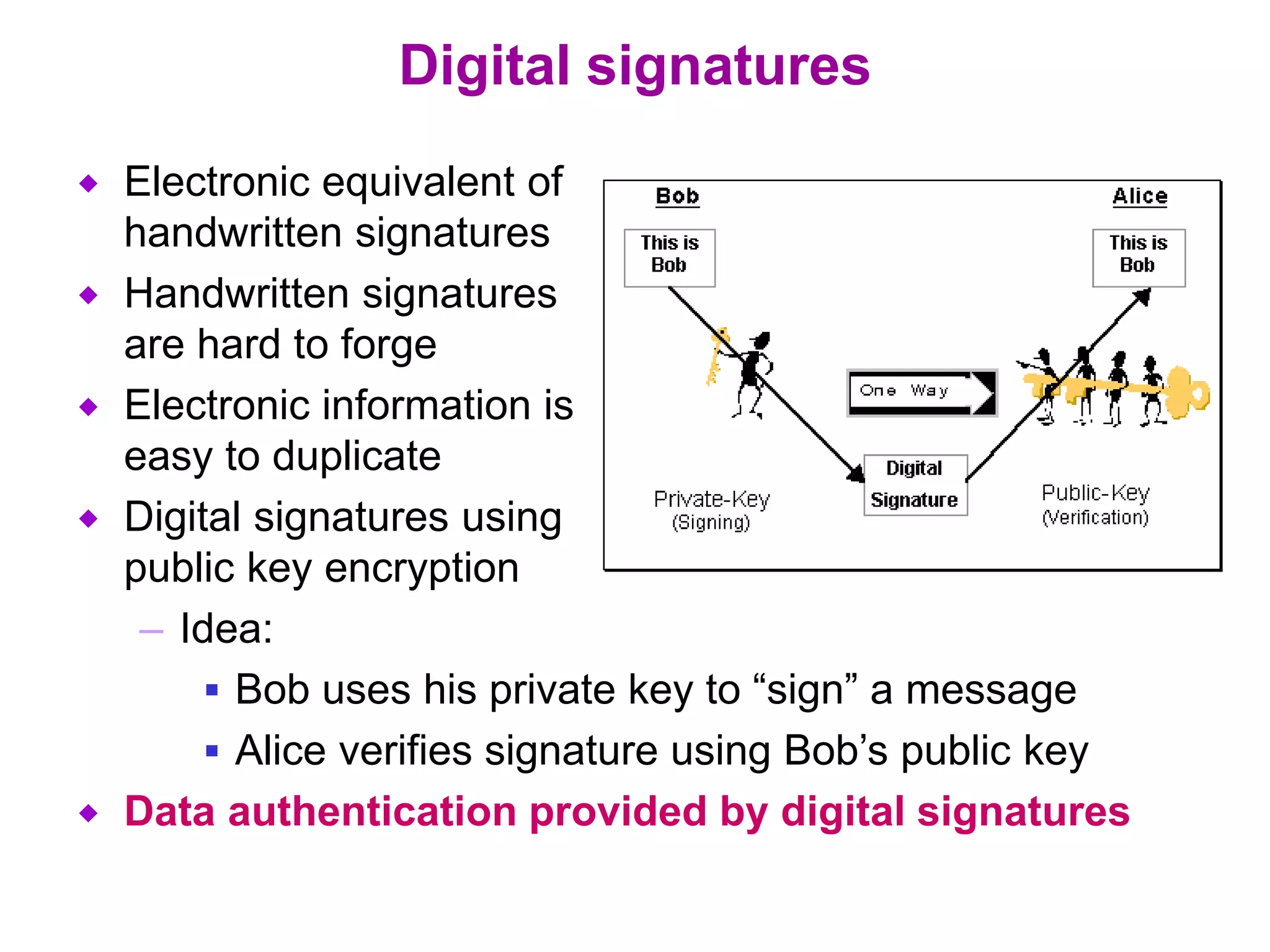 Digital signatures
 Electronic equivalent of
handwritten signatures
 Handwritten signatures
are hard to forge
 Electronic information is
easy to duplicate
 Digital signatures using
public key encryption
– Idea:
 Bob uses his private key to “sign” a message
 Alice verifies signature using Bob’s public key
 Data authentication provided by digital signatures
 