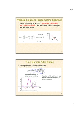 3/4/2018
4
Practical Solution: Raised Cosine Spectrum
• is made up of 3 parts: passband, stopband,
and transition band. The transition band is shaped
like a cosine wave.
7
Time-Domain Pulse Shape
• Taking inverse Fourier transform
8
 