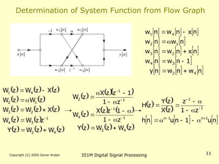 Copyright (C) 2005 Güner Arslan 351M Digital Signal Processing 11
Determination of System Function from Flow Graph
     
   
     
   
     
n
w
n
w
n
y
1
n
w
n
w
n
x
n
w
n
w
n
w
n
w
n
x
n
w
n
w
4
2
3
4
2
3
1
2
4
1










     
   
     
   
     
z
W
z
W
z
Y
z
z
W
z
W
z
X
z
W
z
W
z
W
z
W
z
X
z
W
z
W
4
2
1
3
4
2
3
1
2
4
1










    
     
     
z
W
z
W
z
Y
z
1
1
z
z
X
z
W
z
1
1
z
z
X
z
W
4
2
1
1
4
1
1
2
















   
 
     
n
u
1
n
u
n
h
z
1
z
z
X
z
Y
z
H
1
n
1
n
1
1















 