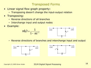 Copyright (C) 2005 Güner Arslan 351M Digital Signal Processing 18
Transposed Forms
• Linear signal flow graph property:
– Transposing doesn’t change the input-output relation
• Transposing:
– Reverse directions of all branches
– Interchange input and output nodes
• Example:
– Reverse directions of branches and interchange input and output
  1
az
1
1
z
H 


 
