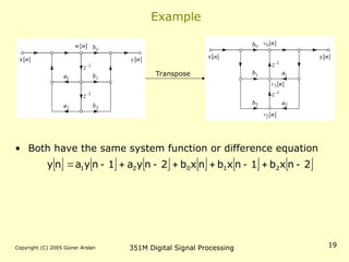 Copyright (C) 2005 Güner Arslan 351M Digital Signal Processing 19
Example
Transpose
• Both have the same system function or difference equation
           
2
n
x
b
1
n
x
b
n
x
b
2
n
y
a
1
n
y
a
n
y 2
1
0
2
1 








 