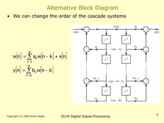 Copyright (C) 2005 Güner Arslan 351M Digital Signal Processing 7
Alternative Block Diagram
• We can change the order of the cascade systems
     
   









M
0
k
k
N
1
k
k
k
n
w
b
n
y
n
x
k
n
w
a
n
w
 