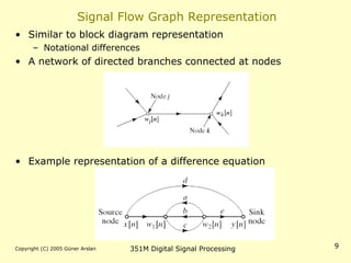 Copyright (C) 2005 Güner Arslan 351M Digital Signal Processing 9
Signal Flow Graph Representation
• Similar to block diagram representation
– Notational differences
• A network of directed branches connected at nodes
• Example representation of a difference equation
 