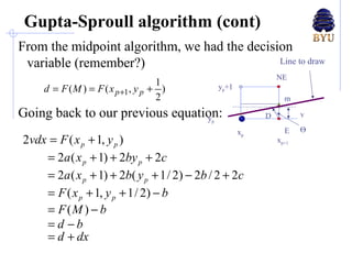 Gupta-Sproull algorithm (cont) From the midpoint algorithm, we had the decision variable (remember?) Going back to our previous equation: x p NE m E  x p+1 Line to draw v y p y p +1    D 