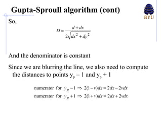 Gupta-Sproull algorithm (cont) So, And the denominator is constant Since we are blurring the line, we also need to compute the distances to points y p  – 1 and y p  + 1  