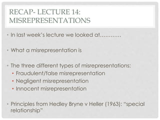 Misrepresentation Types Lecture 15 conditions, warranties and implied terms | PPTX