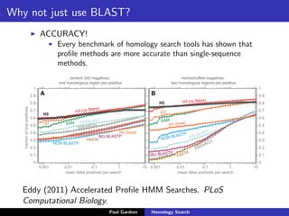 Proﬁle HMM are slightly more complicated
A tree-weighting scheme takes care of unbalanced
alignments
Dirichlet-mixture priors are used to incorporate information
about amino-acid biochemistry
Eﬀective sequence number is used to down-weight priors
when many sequences are available
Transition probabilities to Insert & Delete states are estimated
from the alignment
Paul Gardner Homology Search
 