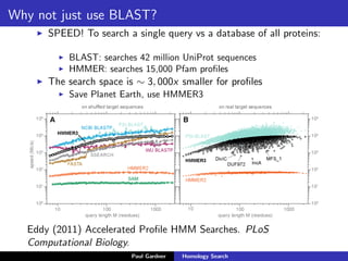 Why not just use BLAST?
ACCURACY!
Every benchmark of homology search tools has shown that
proﬁle methods are more accurate than single-sequence
methods.
Eddy (2011) Accelerated Proﬁle HMM Searches. PLoS
Computational Biology.
Paul Gardner Homology Search
 