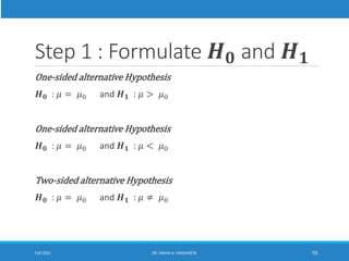 Step 1 : Formulate 𝑯𝟎 and 𝑯𝟏
One-sided alternative Hypothesis
𝑯𝟎 : 𝜇 = 𝜇0 and 𝑯𝟏 : 𝜇 > 𝜇0
One-sided alternative Hypothesis
𝑯𝟎 : 𝜇 = 𝜇0 and 𝑯𝟏 : 𝜇 < 𝜇0
Two-sided alternative Hypothesis
𝑯𝟎 : 𝜇 = 𝜇0 and 𝑯𝟏 : 𝜇 ≠ 𝜇0
Fall 2021 DR. MAHA A. HASSANEIN 10
 