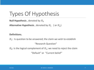 Types Of Hypothesis
Null Hypothesis , denoted by 𝐻0
Alternative Hypothesis , denoted by 𝐻1 ( or 𝐻𝑎)
Definitions.
𝐻1: Is question to be answered; the claim we wish to establish
“Research Question”
𝐻0: Is the logical complement of 𝐻1; we need to reject the claim
“Default” or “Current belief”
Fall 2021 DR. MAHA A. HASSANEIN 7
 