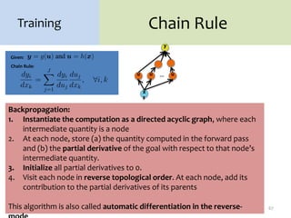 Chain Rule
67
Training
Chain Rule:
Given:
…
Backpropagation:
1. Instantiate the computation as a directed acyclic graph, where each
intermediate quantity is a node
2. At each node, store (a) the quantity computed in the forward pass
and (b) the partial derivative of the goal with respect to that node’s
intermediate quantity.
3. Initialize all partial derivatives to 0.
4. Visit each node in reverse topological order. At each node, add its
contribution to the partial derivatives of its parents
This algorithm is also called automatic differentiation in the reverse-
 