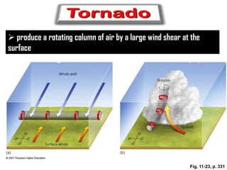  produce a rotating column of air by a large wind shear at the
surface
lift the rotating column of air from horizontal to vertical by updraft

Fig. 11-23, p. 331

 