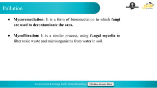 Pollution
Environment & Ecology by Dr. Shivin Chaudhary Click Here to Learn More
● Mycoremediation: It is a form of bioremediation in which fungi
are used to decontaminate the area.
● Mycofiltration: It is a similar process, using fungal mycelia to
filter toxic waste and microorganisms from water in soil.
 