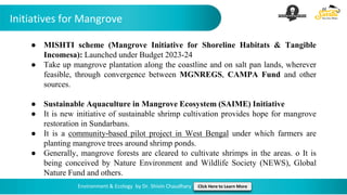 Initiatives for Mangrove
Environment & Ecology by Dr. Shivin Chaudhary Click Here to Learn More
● MISHTI scheme (Mangrove Initiative for Shoreline Habitats & Tangible
Incomesa): Launched under Budget 2023-24
● Take up mangrove plantation along the coastline and on salt pan lands, wherever
feasible, through convergence between MGNREGS, CAMPA Fund and other
sources.
● Sustainable Aquaculture in Mangrove Ecosystem (SAIME) Initiative
● It is new initiative of sustainable shrimp cultivation provides hope for mangrove
restoration in Sundarbans.
● It is a community-based pilot project in West Bengal under which farmers are
planting mangrove trees around shrimp ponds.
● Generally, mangrove forests are cleared to cultivate shrimps in the areas. o It is
being conceived by Nature Environment and Wildlife Society (NEWS), Global
Nature Fund and others.
 