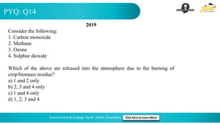 PYQ: Q14
Environment & Ecology by Dr. Shivin Chaudhary Click Here to Learn More
2019
Consider the following:
1. Carbon monoxide
2. Methane
3. Ozone
4. Sulphur dioxide
Which of the above are released into the atmosphere due to the burning of
crop/biomass residue?
a) 1 and 2 only
b) 2, 3 and 4 only
c) 1 and 4 only
d) 1, 2, 3 and 4
 
