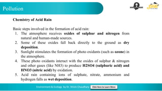 Pollution
Environment & Ecology by Dr. Shivin Chaudhary Click Here to Learn More
Chemistry of Acid Rain
Basic steps involved in the formation of acid rain:
1. The atmosphere receives oxides of sulphur and nitrogen from
natural and human-made sources.
2. Some of these oxides fall back directly to the ground as dry
deposition.
3. Sunlight stimulates the formation of photo oxidants (such as ozone) in
the atmosphere.
4. These photo oxidants interact with the oxides of sulphur & nitrogen
and other gases (like NH3) to produce H2SO4 (sulphuric acid) and
HNO3 (nitric acid) by oxidation.
5. Acid rain containing ions of sulphate, nitrate, ammonium and
hydrogen falls as wet deposition.
 
