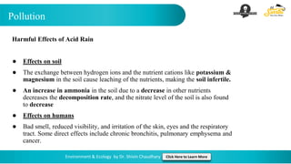 Pollution
Environment & Ecology by Dr. Shivin Chaudhary Click Here to Learn More
Harmful Effects of Acid Rain
● Effects on soil
● The exchange between hydrogen ions and the nutrient cations like potassium &
magnesium in the soil cause leaching of the nutrients, making the soil infertile.
● An increase in ammonia in the soil due to a decrease in other nutrients
decreases the decomposition rate, and the nitrate level of the soil is also found
to decrease
● Effects on humans
● Bad smell, reduced visibility, and irritation of the skin, eyes and the respiratory
tract. Some direct effects include chronic bronchitis, pulmonary emphysema and
cancer.
 
