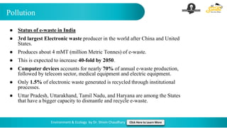 Pollution
Environment & Ecology by Dr. Shivin Chaudhary Click Here to Learn More
● Status of e-waste in India
● 3rd largest Electronic waste producer in the world after China and United
States.
● Produces about 4 mMT (million Metric Tonnes) of e-waste.
● This is expected to increase 40-fold by 2050.
● Computer devices accounts for nearly 70% of annual e-waste production,
followed by telecom sector, medical equipment and electric equipment.
● Only 1.5% of electronic waste generated is recycled through institutional
processes.
● Uttar Pradesh, Uttarakhand, Tamil Nadu, and Haryana are among the States
that have a bigger capacity to dismantle and recycle e-waste.
 