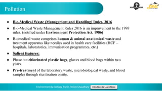 Pollution
Environment & Ecology by Dr. Shivin Chaudhary Click Here to Learn More
● Bio-Medical Waste (Management and Handling) Rules, 2016
● Bio-Medical Waste Management Rules 2016 is an improvement to the 1998
rules. (notified under Environment Protection Act, 1986)
● Biomedical waste comprises human & animal anatomical waste and
treatment apparatus like needles used in health care facilities (HCF –
hospitals, laboratories, immunisation programmes, etc.)
● Salient features:
● Phase out chlorinated plastic bags, gloves and blood bags within two
years.
● Pre-treatment of the laboratory waste, microbiological waste, and blood
samples through sterilisation onsite.
 