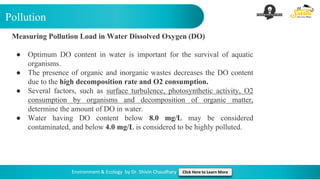 Pollution
Environment & Ecology by Dr. Shivin Chaudhary Click Here to Learn More
Measuring Pollution Load in Water Dissolved Oxygen (DO)
● Optimum DO content in water is important for the survival of aquatic
organisms.
● The presence of organic and inorganic wastes decreases the DO content
due to the high decomposition rate and O2 consumption.
● Several factors, such as surface turbulence, photosynthetic activity, O2
consumption by organisms and decomposition of organic matter,
determine the amount of DO in water.
● Water having DO content below 8.0 mg/L may be considered
contaminated, and below 4.0 mg/L is considered to be highly polluted.
 
