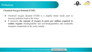 Pollution
Environment & Ecology by Dr. Shivin Chaudhary Click Here to Learn More
Chemical Oxygen Demand (COD)
● Chemical oxygen demand (COD) is a slightly better mode used to
measure pollution load in the water.
● It measures the amount of oxygen in parts per million required to
oxidise organic (biodegradable and non-biodegradable) and oxidisable
inorganic compounds in the water sample.
 