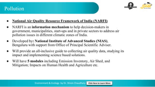 Pollution
Environment & Ecology by Dr. Shivin Chaudhary Click Here to Learn More
● National Air Quality Resource Framework of India (NARFI)
● NARFI is an information mechanism to help decision-makers in
government, municipalities, start-ups and in private sectors to address air
pollution issues in different climatic zones of India.
● Developed by: National Institute of Advanced Studies (NIAS),
Bengaluru with support from Office of Principal Scientific Adviser.
● Will provide an all-inclusive guide to collecting air quality data, studying its
impact and implementing science based solutions.
● Will have 5 modules including Emission Inventory, Air Shed, and
Mitigation; Impacts on Human Health and Agriculture etc.
 
