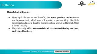 Pollution
Environment & Ecology by Dr. Shivin Chaudhary Click Here to Learn More
Harmful Algal Blooms
● Most algal blooms are not harmful, but some produce toxins (neuro
and hepatotoxins), which can kill aquatic organisms (E.g., Shellfish
poisoning) and pose a threat to humans and are known as Harmful Algal
Blooms (HABs).
● They adversely affect commercial and recreational fishing, tourism,
and valued habitats.
 