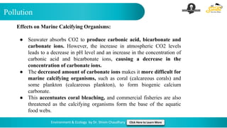 Pollution
Environment & Ecology by Dr. Shivin Chaudhary Click Here to Learn More
Effects on Marine Calcifying Organisms:
● Seawater absorbs CO2 to produce carbonic acid, bicarbonate and
carbonate ions. However, the increase in atmospheric CO2 levels
leads to a decrease in pH level and an increase in the concentration of
carbonic acid and bicarbonate ions, causing a decrease in the
concentration of carbonate ions.
● The decreased amount of carbonate ions makes it more difficult for
marine calcifying organisms, such as coral (calcareous corals) and
some plankton (calcareous plankton), to form biogenic calcium
carbonate.
● This accentuates coral bleaching, and commercial fisheries are also
threatened as the calcifying organisms form the base of the aquatic
food webs.
 