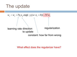 The update
wj = wj +hyixij exp(-yi (w× xi +b))-hlwj
regularization
direction
to update
learning rate
constant: how far from wrong
What effect does the regularizer have?
 