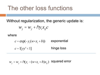 The other loss functions
wj = wj +hyixijc
Without regularization, the generic update is:
where
c = exp(-yi (w× xi +b))
c =1[yy' <1]
exponential
hinge loss
squared error
wj = wj +h(yi -(w× xi +b)xij )
 