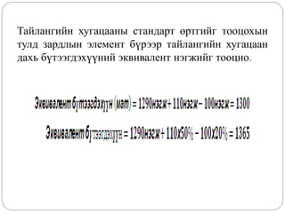 Тайлангийн хугацааны стандарт өртгийг тооцохын
тулд зардлын элемент бүрээр тайлангийн хугацаан
дахь бүтээгдэхүүний эквивалент нэгжийг тооцно.
 