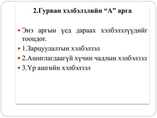 2.Гурван хэлбэлзлийн “А” арга
 Энэ аргын үед дараах хэлбэлзлүүдийг
тооцдог.
 1.Зарцуулалтын хэлбэлзэл
 2.Ашиглагдаагүй хүчин чадлын хэлбэлзэл
 3.Үр ашгийн хэлбэлзэл
 