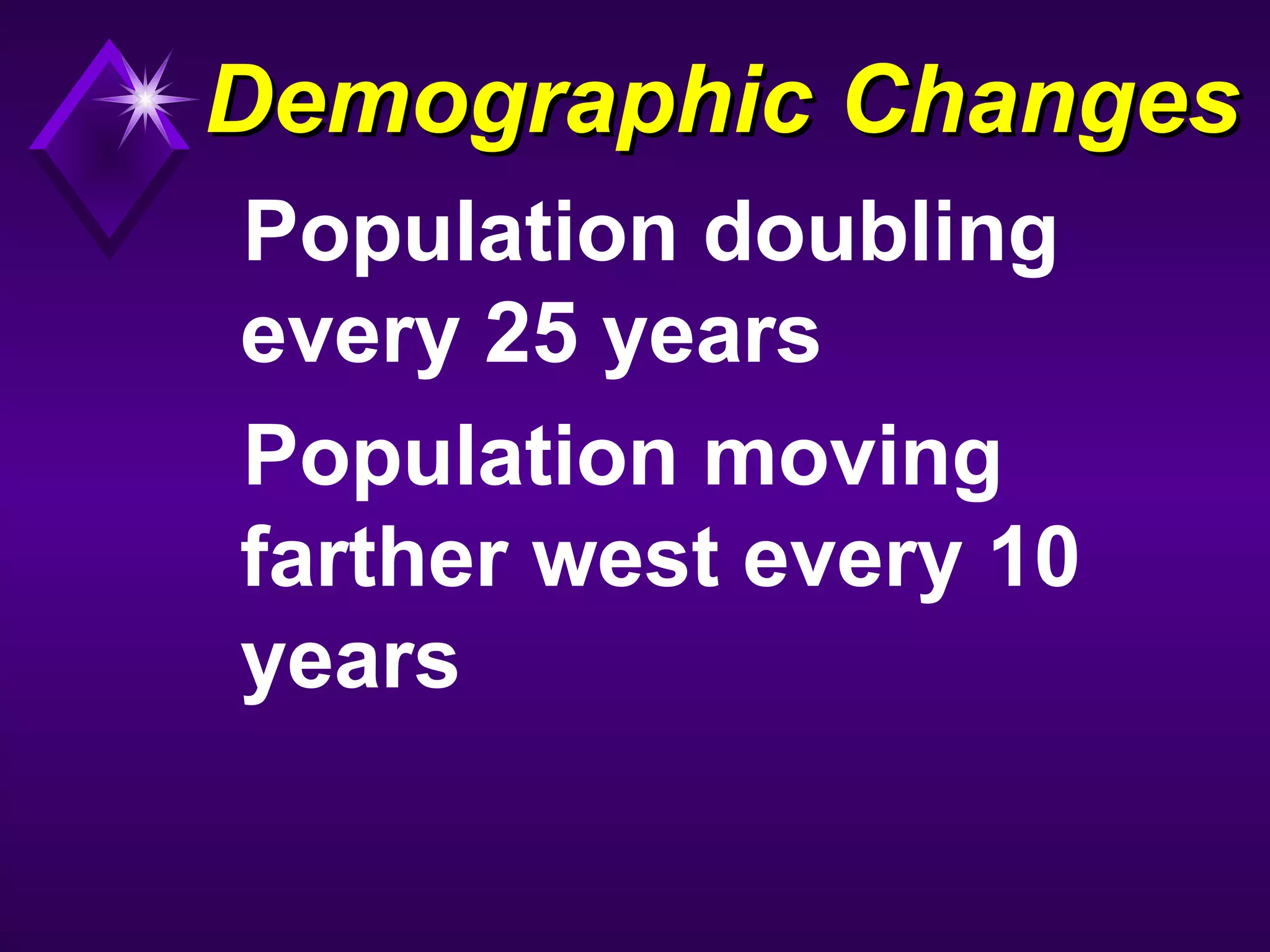 Demographic ChangesDemographic Changes
Population doubling
every 25 years
Population moving
farther west every 10
years
 