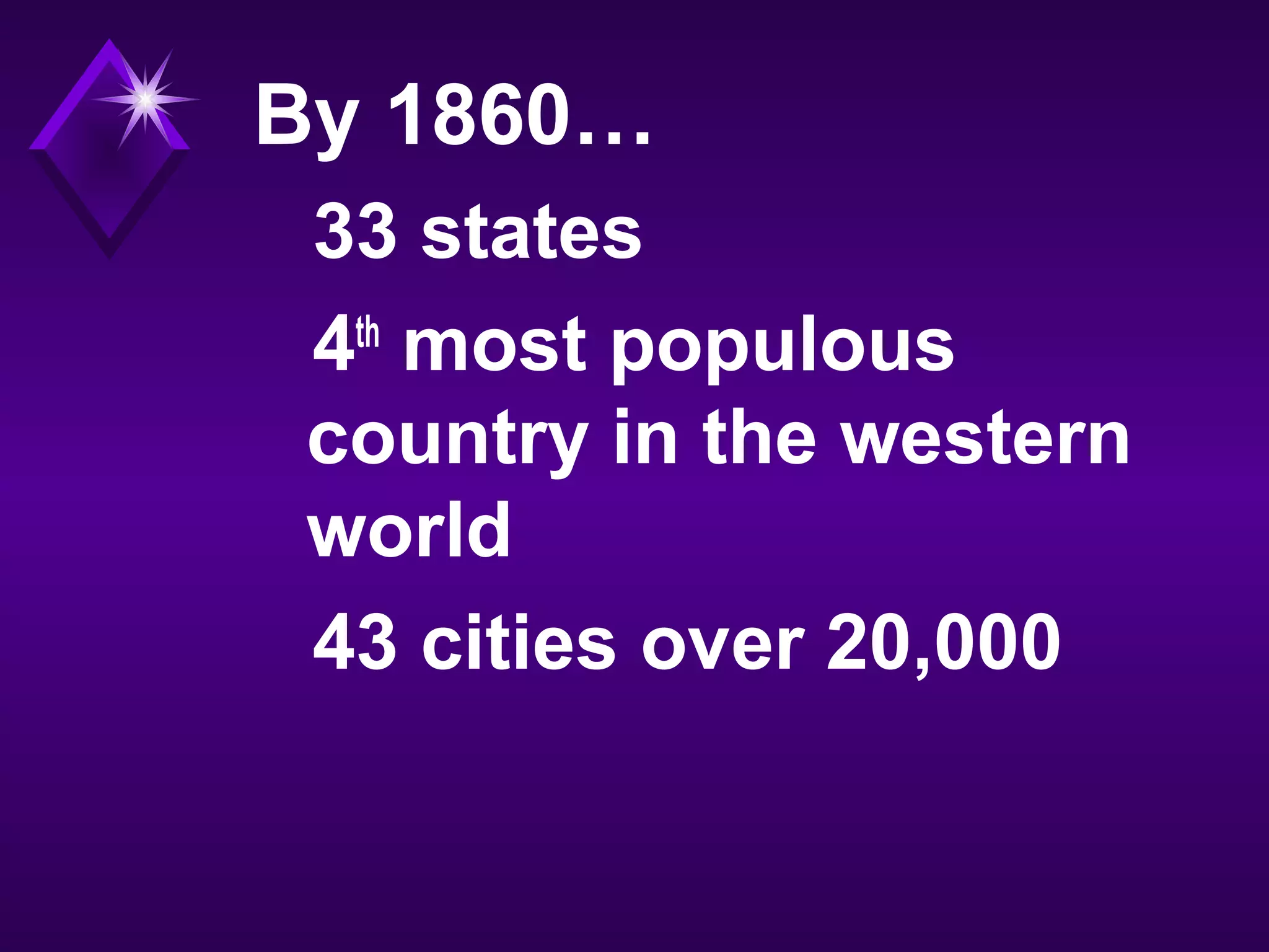 By 1860…
33 states
4th
most populous
country in the western
world
43 cities over 20,000
 