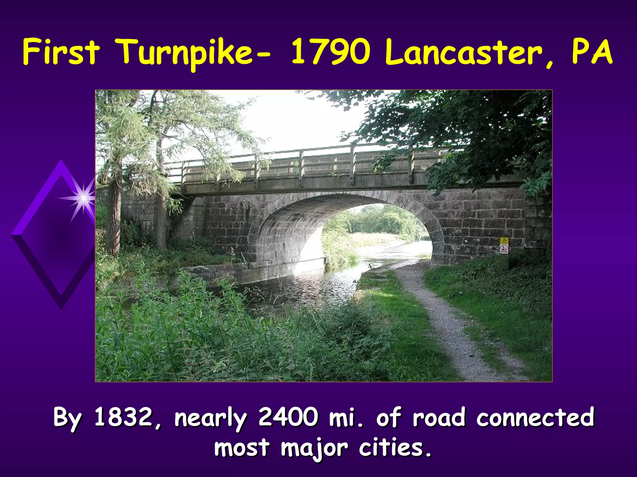 First Turnpike- 1790 Lancaster, PA
By 1832, nearly 2400 mi. of road connectedBy 1832, nearly 2400 mi. of road connected
most major cities.most major cities.
 