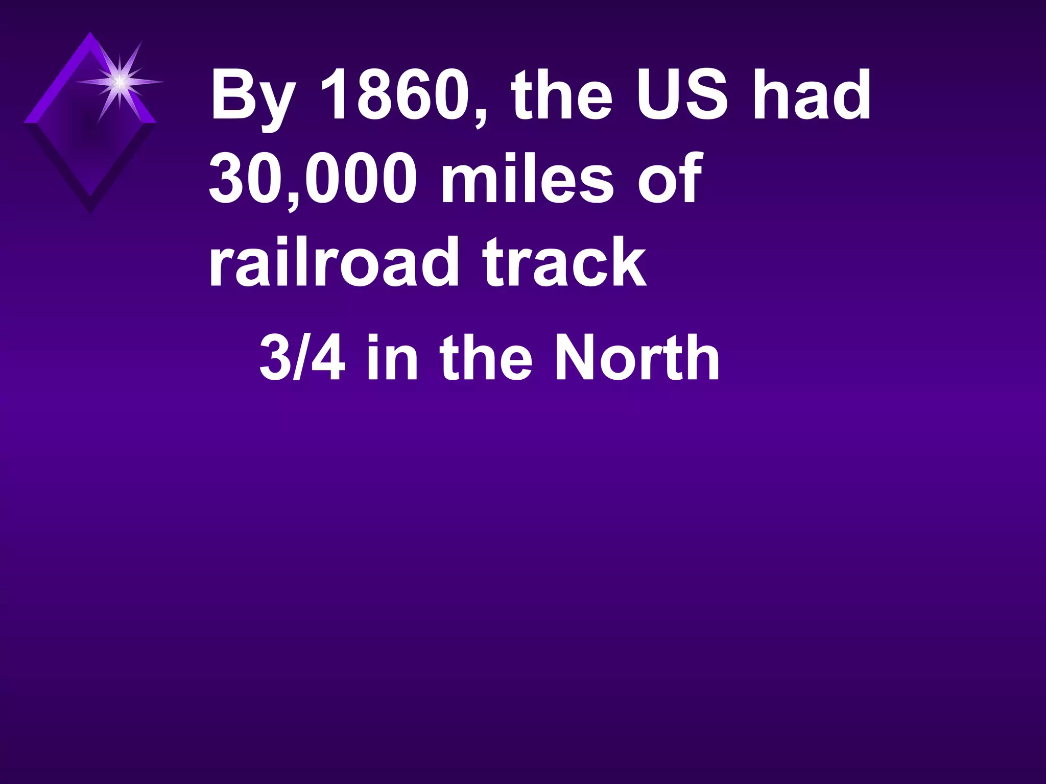 By 1860, the US had
30,000 miles of
railroad track
3/4 in the North
 