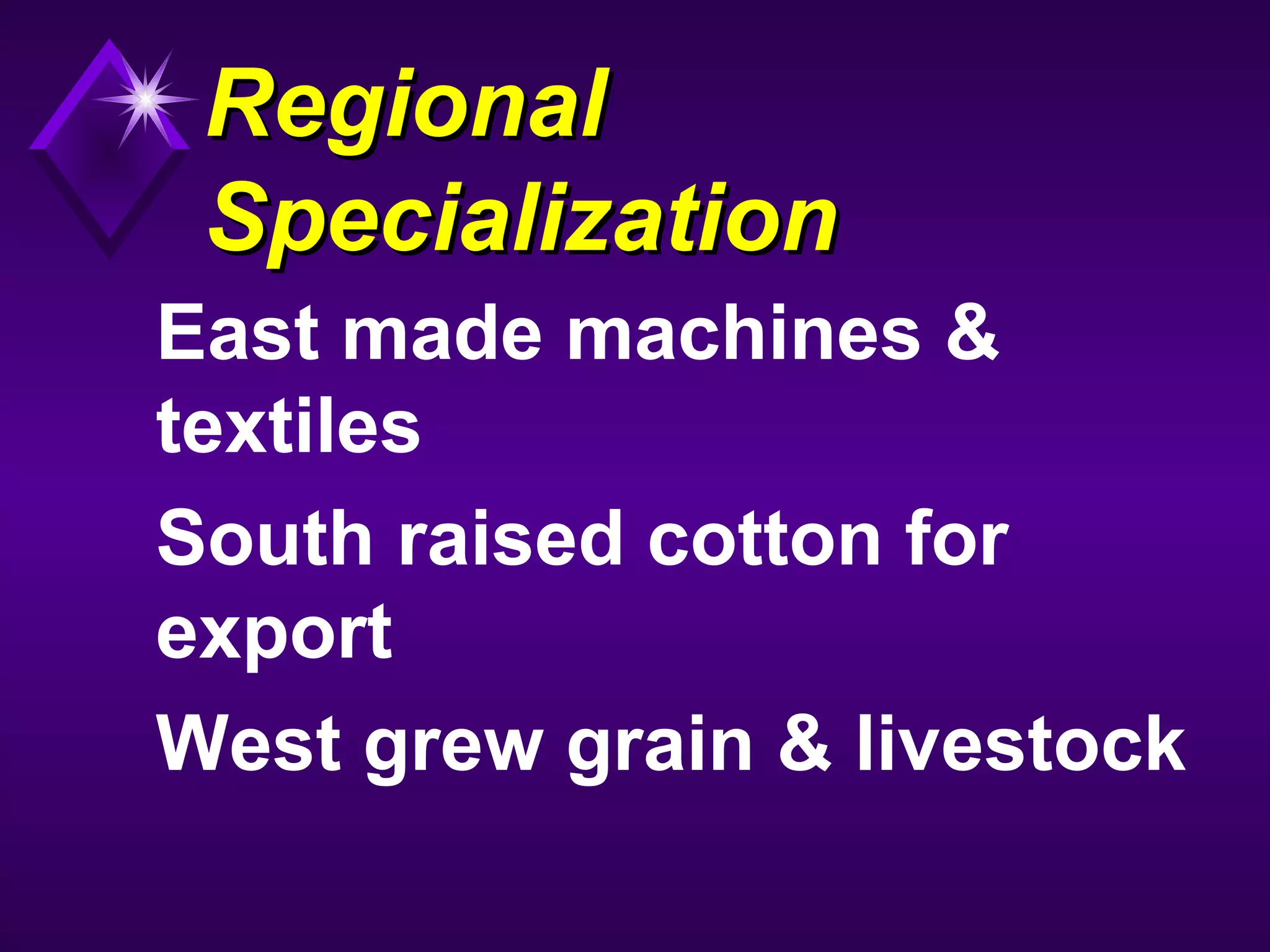 RegionalRegional
SpecializationSpecialization
East made machines &
textiles
South raised cotton for
export
West grew grain & livestock
 