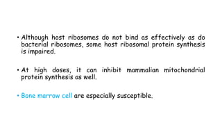 • Although host ribosomes do not bind as effectively as do
bacterial ribosomes, some host ribosomal protein synthesis
is impaired.
• At high doses, it can inhibit mammalian mitochondrial
protein synthesis as well.
• Bone marrow cell are especially susceptible.
 