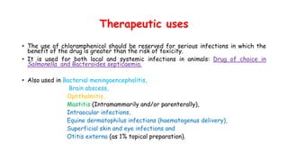 Therapeutic uses
• The use of chloramphenicol should be reserved for serious infections in which the
benefit of the drug is greater than the risk of toxicity.
• It is used for both local and systemic infections in animals: Drug of choice in
Salmonella and Bacteroides septicaemia.
• Also used in Bacterial meningoencephalitis,
Brain abscess,
Ophthalmitis,
Mastitis (Intramammarily and/or parenterally),
Intraocular infections,
Equine dermatophilus infections (haematogenus delivery),
Superficial skin and eye infections and
Otitis externa (as 1% topical preparation).
 